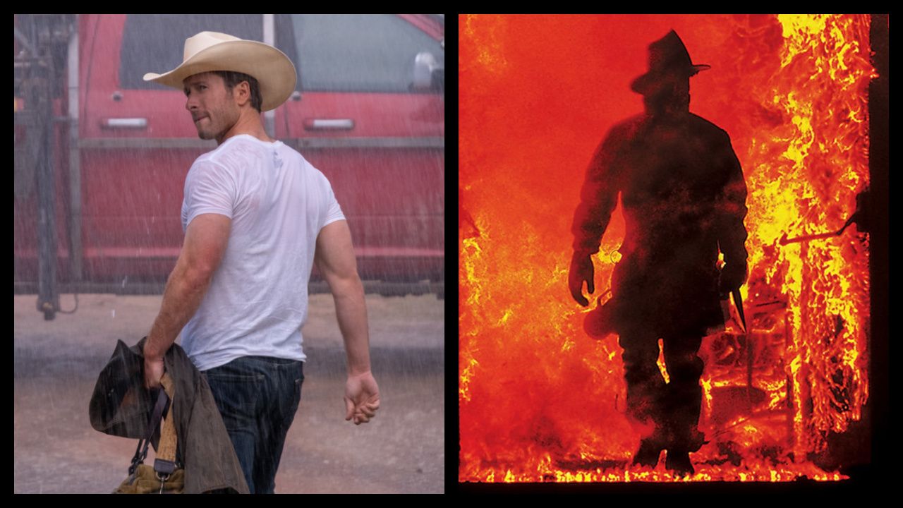 (Left) Glen Powell as Tyler in 'Twisters', directed by Lee Isaac Chung. (Right) Kurt Russell in 'Backdraft'. Photo: Universal Pictures.