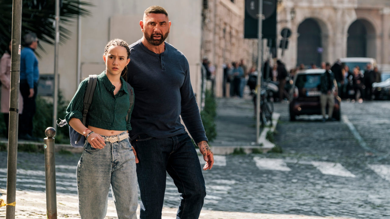 Chloe Coleman as Sophie and Dave Bautista as JJ on the set of 'My Spy The Eternal City.'