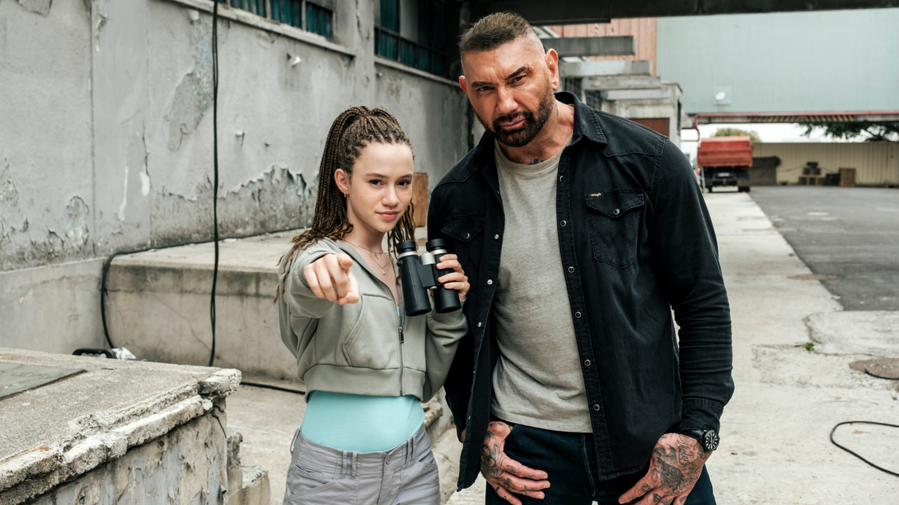 Chloe Coleman and Dave Bautista on the set of My Spy The Eternal City.'