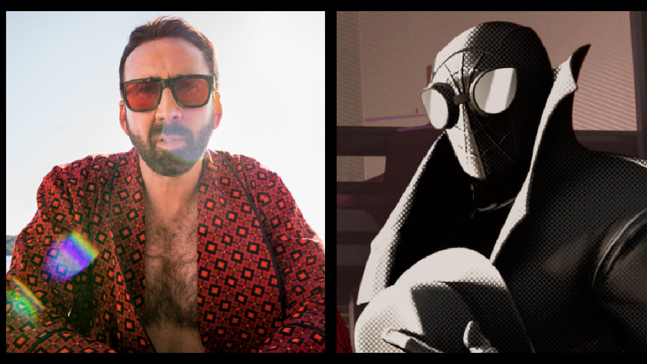 (Left) Nicolas Cage ("Nick Cage") contemplates his career while poolside in Mallorca, Spain in 'The Unbearable Weight of Massive Talent.' Photo credit: Katalin Vermes/Lionsgate. (Right) Nicolas Cage as Peter Parker / Spider-Man Noir in 'Spider-Man: Into the Spider-Verse.' Photo: Sony Pictures.