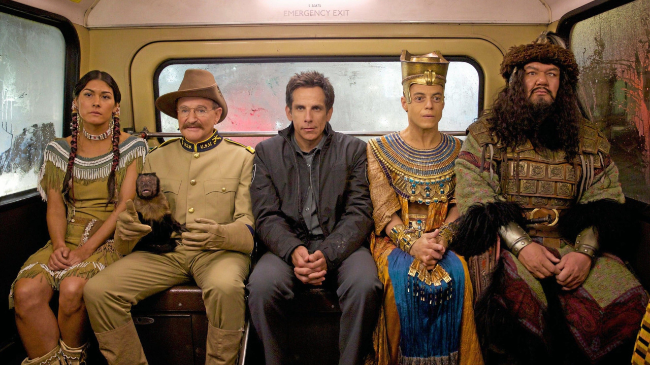 Mizuo Peck, Robin Williams, Ben Stiller, Rami Malek and Patrick Gallagher in 'Night at the Museum: Secret of the Tomb'.