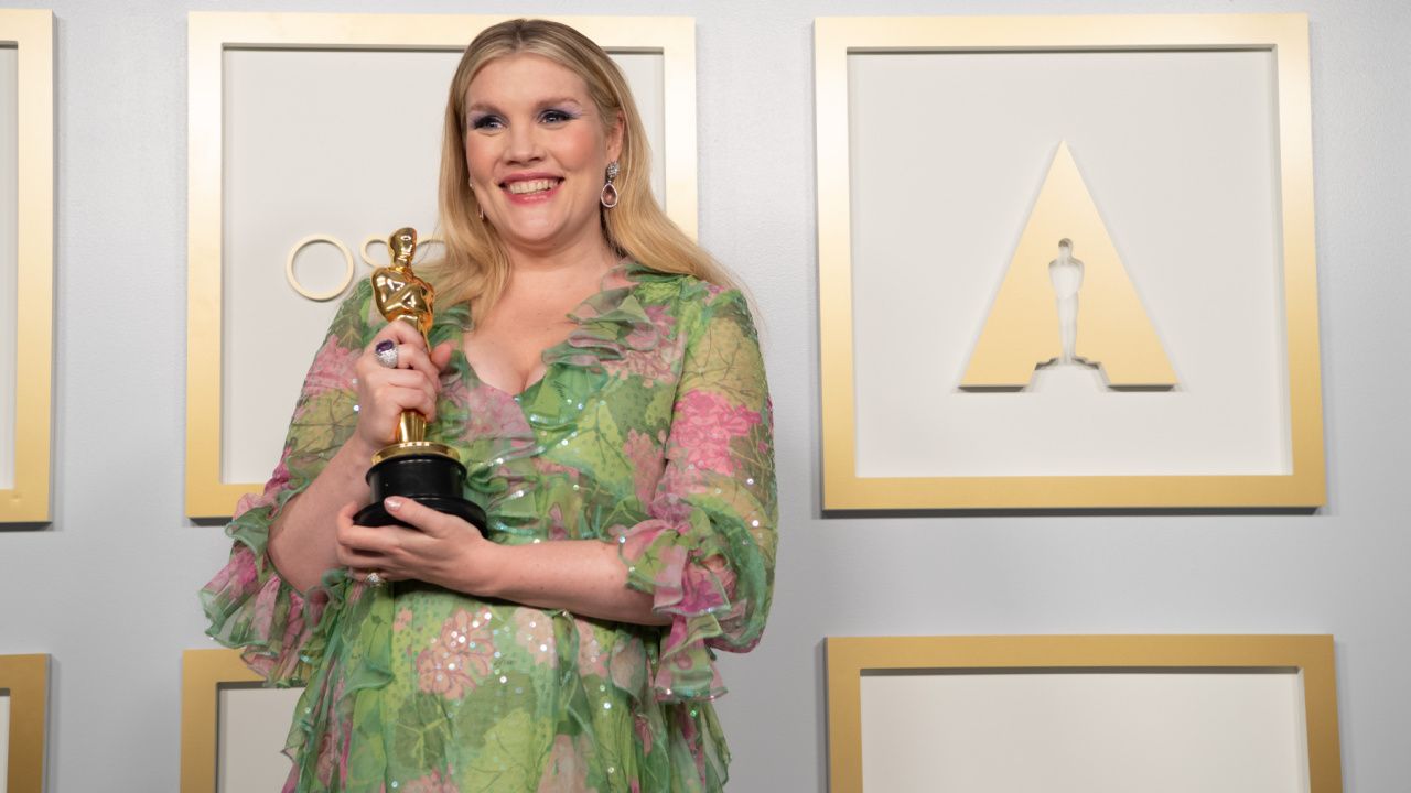 Emerald Fennell poses backstage with the Oscar® for Original Screenplay during the live ABC Telecast of The 93rd Oscars® at Union Station in Los Angeles, CA on Sunday, April 25, 2021. Credit/Provider: Matt Petit / A.M.P.A.S. Copyright: ©A.M.P.A.S.