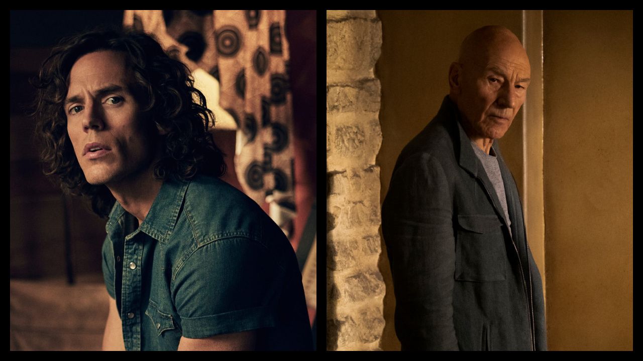 (Left) Sam Claflin in 'Daisy Jones & the Six'. Photo: Amazon Prime Video. (Right) Patrick Stewart as Picard of the Paramount+ original series 'Star Trek: Picard. Photo: Trae Patton/Paramount+ ©2022 ViacomCBS. All Rights Reserved.