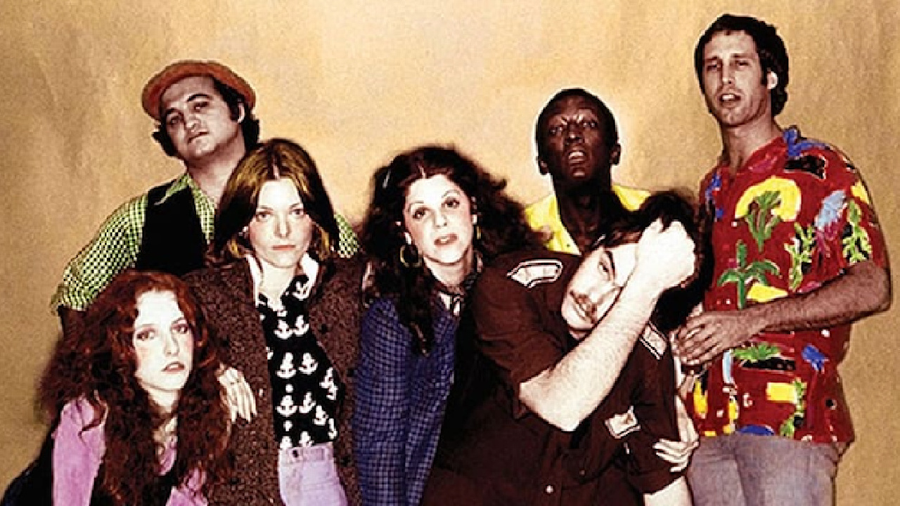 Laraine Newman, John Belushi, Jane Curtin, Gilda Radner, Dan Aykroyd, Garrett Morris and Chevy Chase on 'Saturday Night Live.'