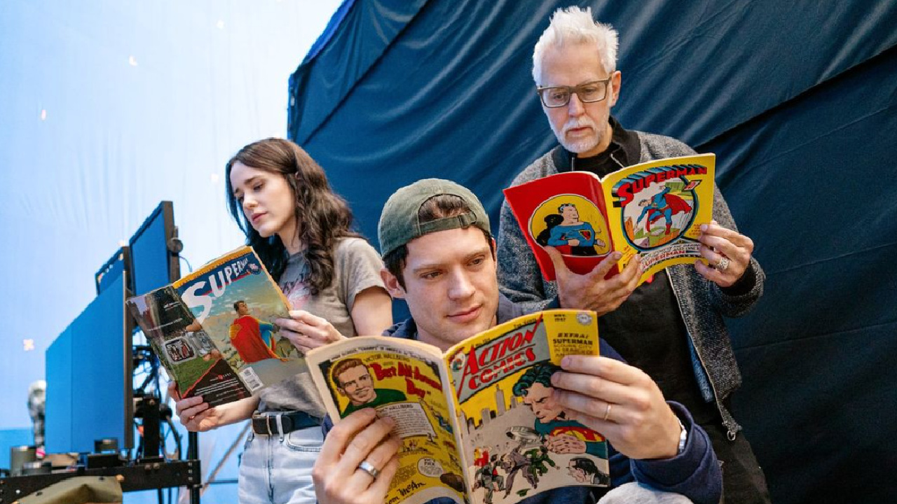 (Left to right) Rachel Brosnahan, David Corenswet and director James Gunn on the set of 'Superman'. Photo: James Gunn's Instagram account.