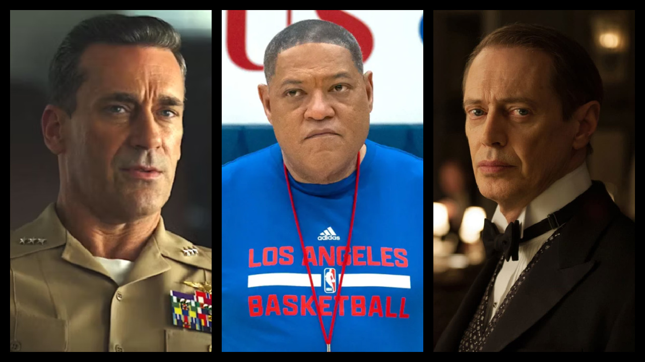 (Left) Jon Hamm as Vice Admiral Beau "Cyclone" Simpson in 'Top Gun: Maverick.' Photo: Paramount Pictures. (Center) Laurence Fishburne in 'Clipped'. Photo: FX. (Right) Steve Buscemi in 'Boardwalk Empire'. Photo: HBO Entertainment.