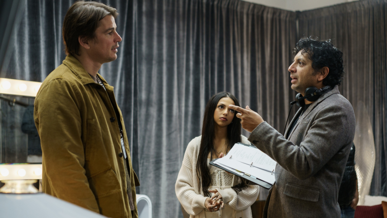 Josh Hartnett, Saleka Night Shyamalan and Director M. Night Shyamalan on the set of Warner Bros. Pictures’ crime drama thriller 'Trap,' a Warner Bros. Pictures release.