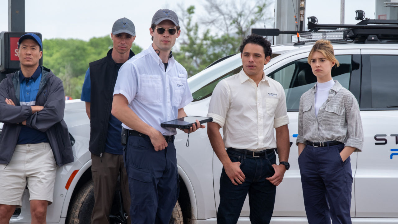 (from left) Mike (Stephen Oyoung), Peter (Alex Kingi), Scott (David Corenswet), Javi (Anthony Ramos) and Kate (Daisy Edgar-Jones) in 'Twisters', directed by Lee Isaac Chung.