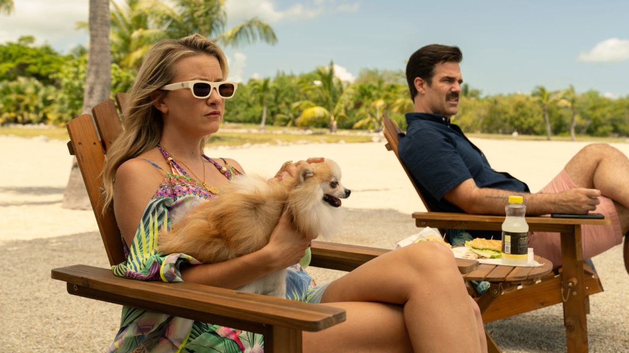 Meredith Hagner and Rob Delaney in 'Bad Monkey,' premiering August 14, 2024 on Apple TV+.