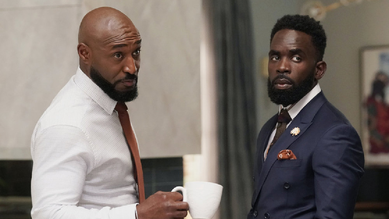 (L to R) Adrian Holmes as Phil, Jimmy Akingbola as Geoffrey in season 3 of 'Bell-Air'. Photo: Greg Gayne/Peacock.