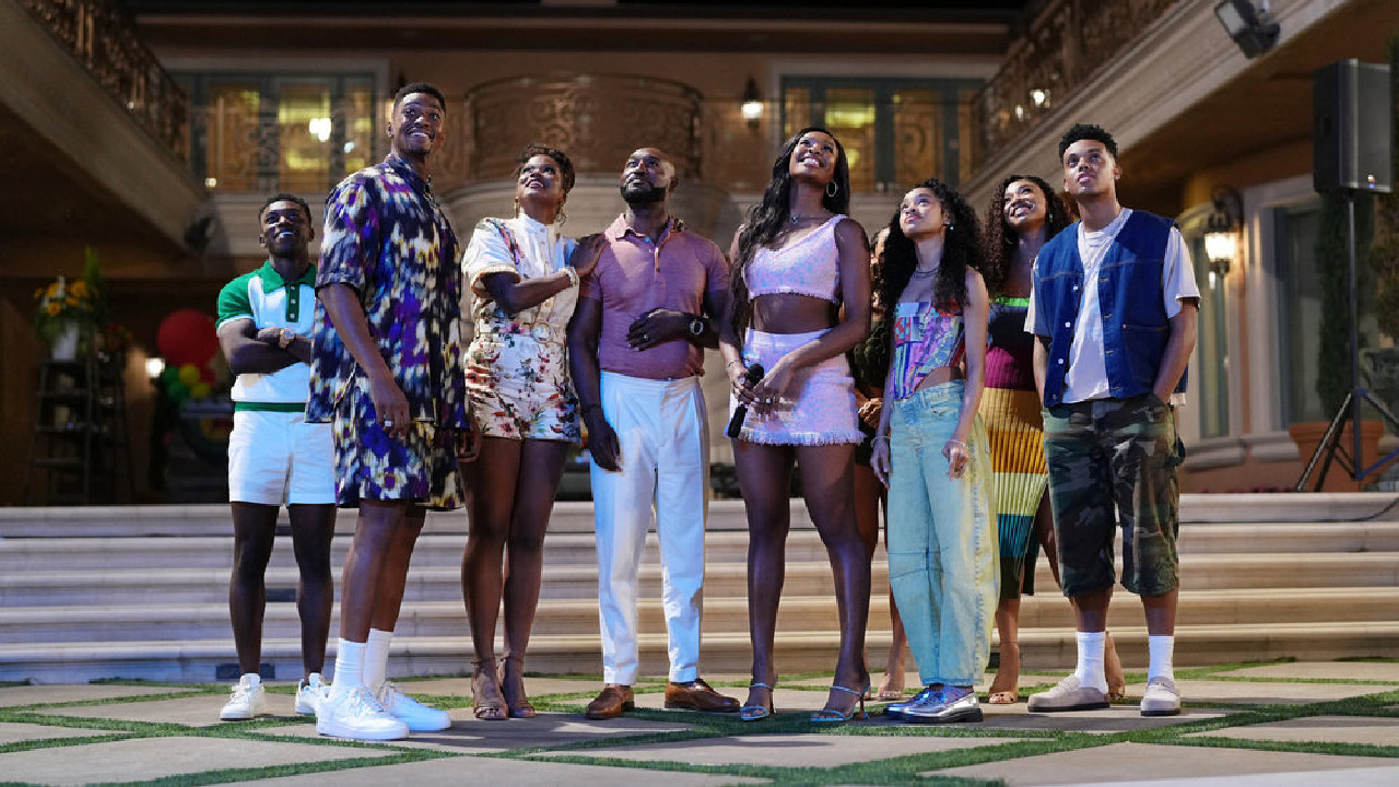 (L to R) Olly Sholotan as Carlton, Justin Cornwell as Lamarcus, Cassandra Freeman as Vivian, Adrian Holmes as Philip, Coco Jones as Hilary, Akira Akbar as Ashley, Simone Joy Jones as Lisa, Jabari Banks as Will in season 3 of 'Bell-Air'. Photo: Travis Ellison/Peacock.