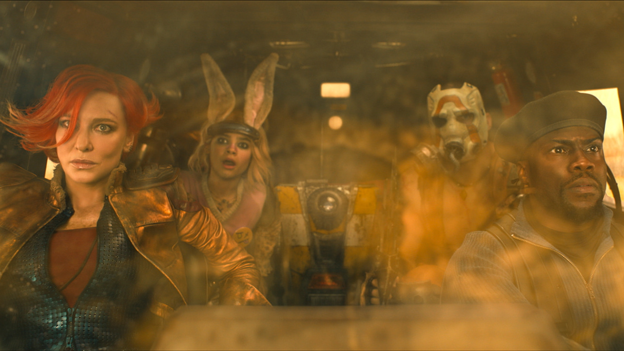 Cate Blanchett as Lilith, Ariana Greenblatt as Tiny Tina, Florian Munteanu as Krieg, and Kevin Hart as Roland in 'Borderlands'.