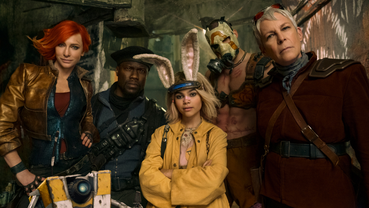 Cate Blanchett as Lilith, Kevin Hart as Roland, Ariana Greenblatt as Tiny Tina, Florian Munteanu as Krieg and Jamie Lee Curtis as Tannis in “Borderlands”.