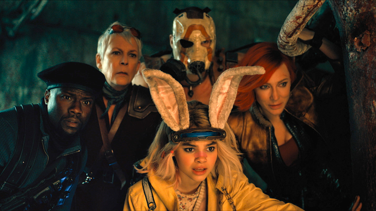 Kevin Hart as Roland, Jamie Lee Curtis as Tannis, Ariana Greenblatt as Tiny Tina, Florian Munteanu as Krieg, and Cate Blanchett as Lilith in 'Borderlands'.