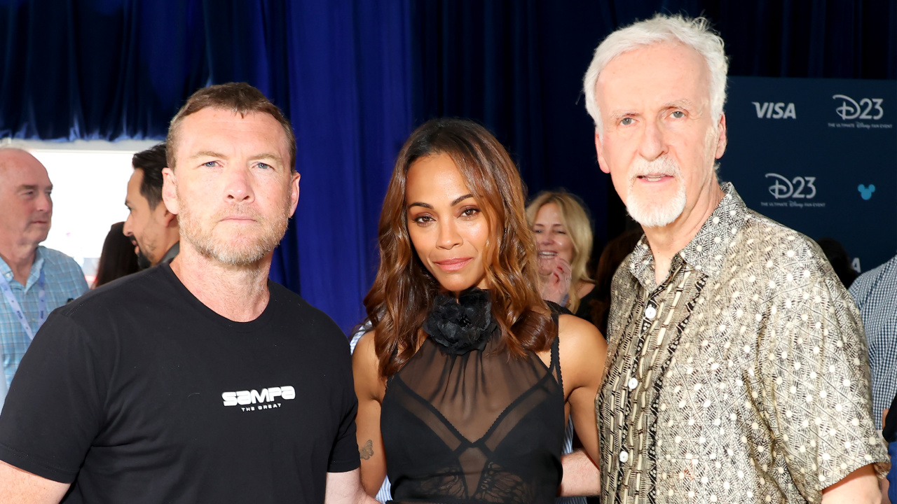 (L to R) Sam Worthington, Zoe Saldaña and director James Cameron at D23 2024 presenting 'Avatar: Fire and Ash'. Photo: Disney.