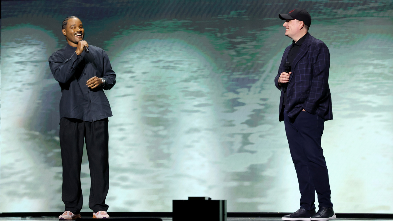 (L to R) Anthony Mackie and Kevin Feige presenting 'Captain America: Brave New World' at D23 2024. Photo: Disney.