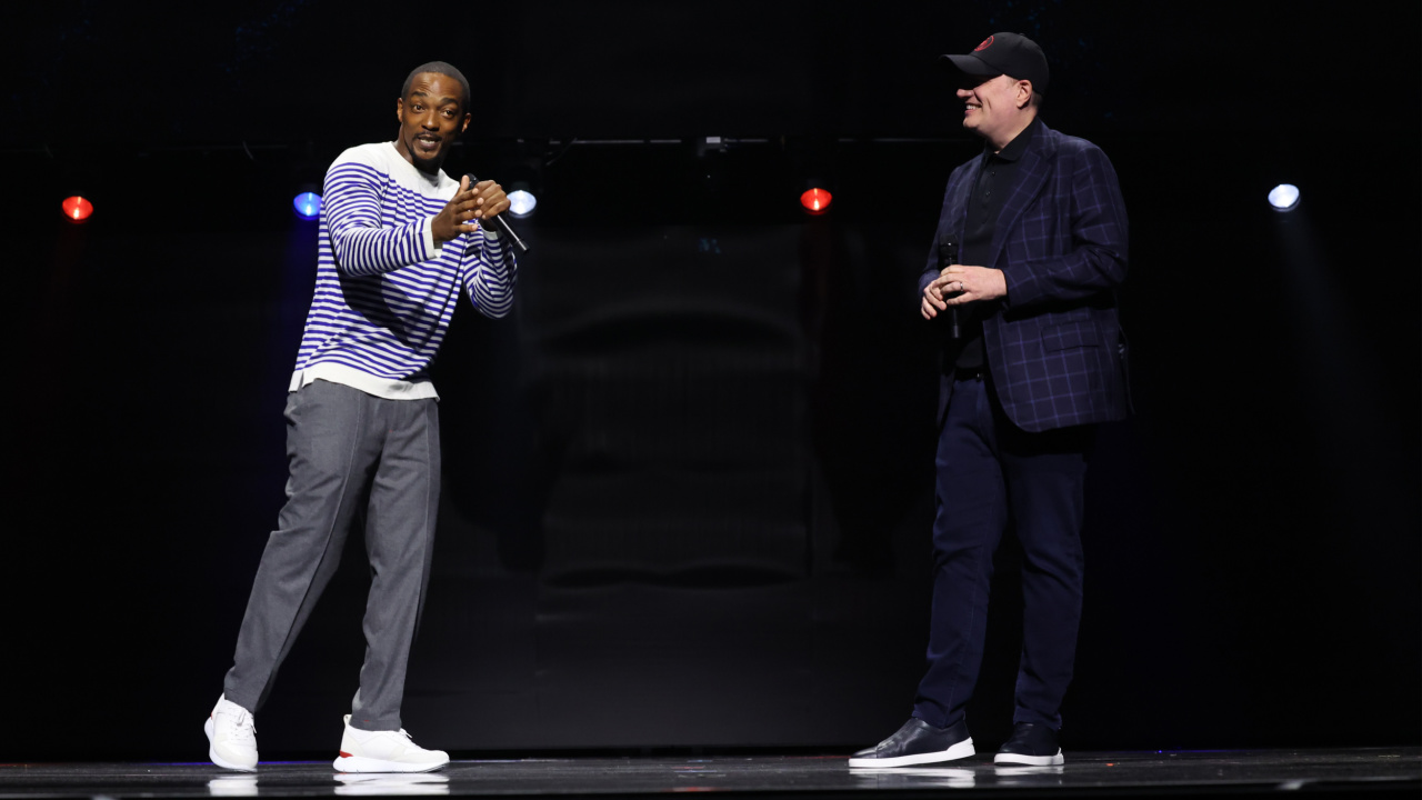 (L to R) Anthony Mackie and Kevin Feige presenting 'Captain America: Brave New World' at D23 2024. Photo: Disney.