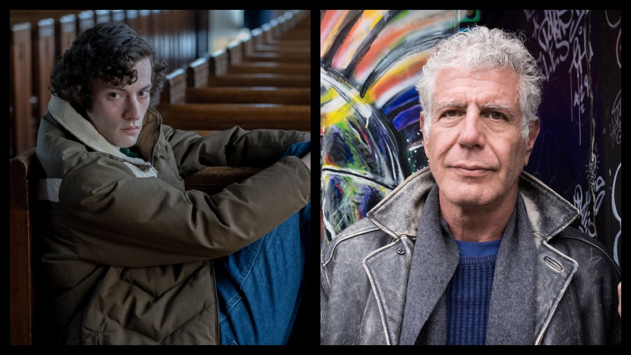 (Left) Dominic Sessa stars as Angus Tully in director Alexander Payne’s 'The Holdovers,'a Focus Features release. Credit: Seacia Pavao / © 2023 FOCUS FEATURES LLC. (Right) Anthony Bourdain in 'Anthony Bourdain: Parts Unknown'. Photo: CNN.