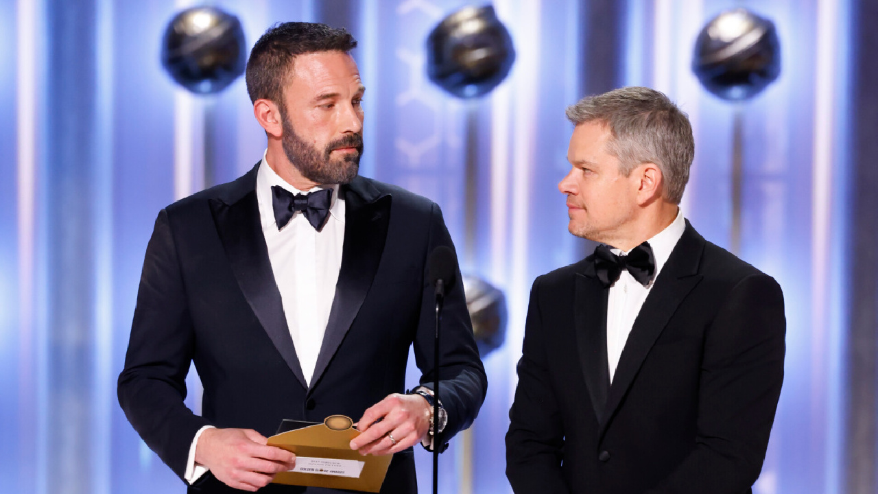 (L to R) Ben Affleck and Matt Damon at the 81st Annual Golden Globe Awards, airing live from the Beverly Hilton in Beverly Hills, California on Sunday, January 7, 2024, at 8 PM ET/5 PM PT, on CBS and streaming on Paramount+. Photo: Sonja Flemming/CBS ©2024 CBS Broadcasting, Inc. All Rights Reserved.