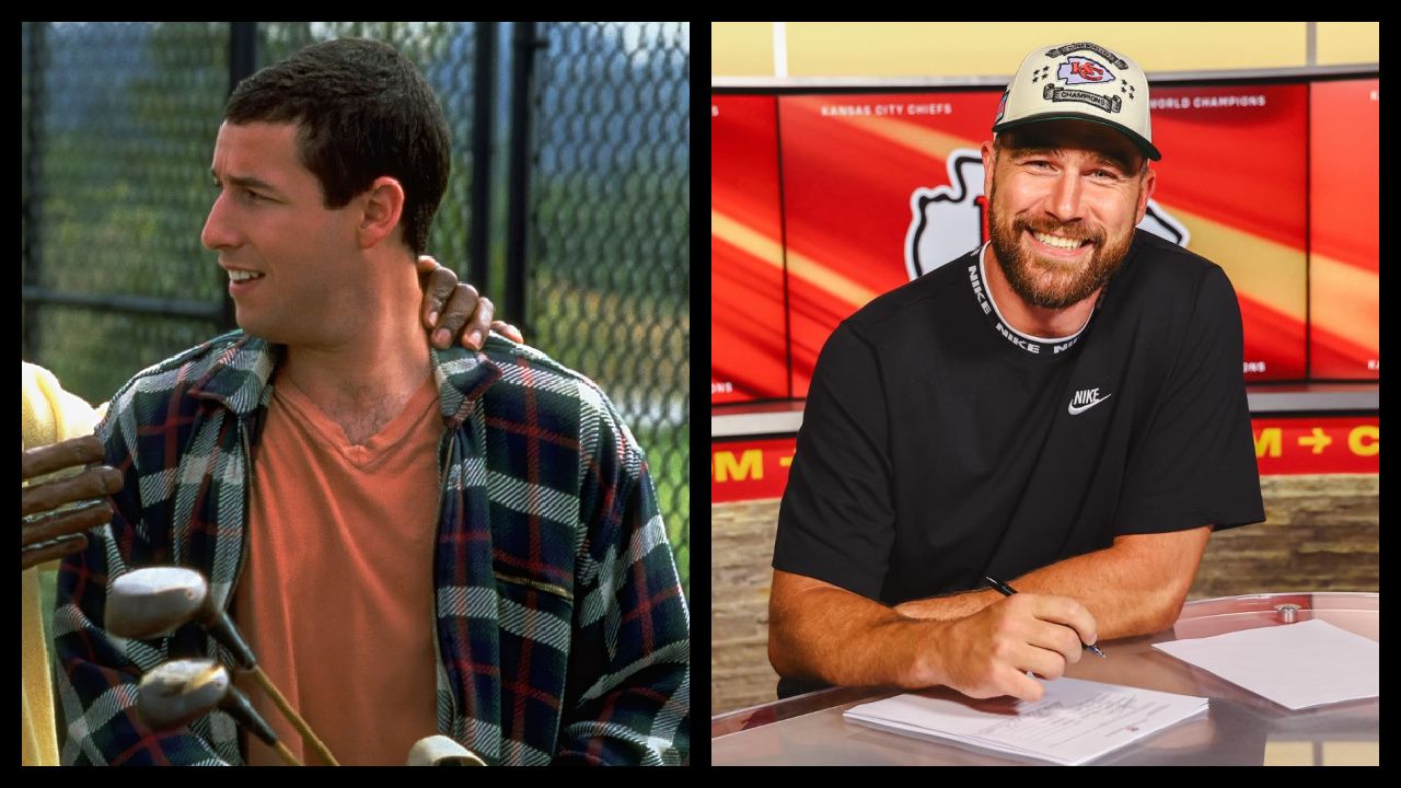 (Left) Adam Sandler in 'Happy Gilmore'. Photo: Universal Pictures. (Right) Kansas City Chiefs' Travis Kelce. Photo: Travis Kelce's Instagram Account.