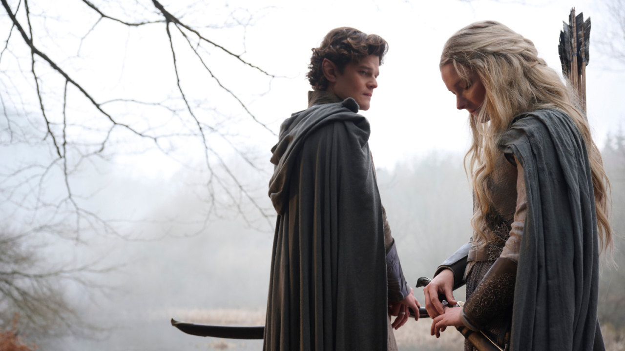 (L to R) Robert Aramayo as Elrond; Morfydd Clark as Galadriel in 'The Lord of the Rings: The Rings of Power' season 2. Credit: Ben Rothstein / Prime Video. Copyright: Amazon MGM Studios.