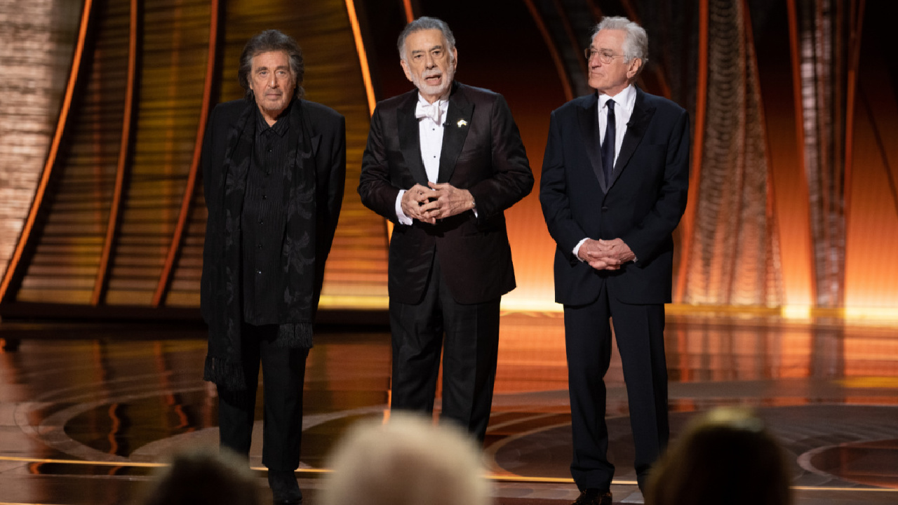 Al Pacino, Francis Ford Coppola and Robert De Niro onstage during the 50th anniversary tribute of “The Godfather” at the live ABC telecast of the 94th Oscars® at the Dolby Theatre at Ovation Hollywood in Los Angeles, CA, on Sunday, March 27, 2022.