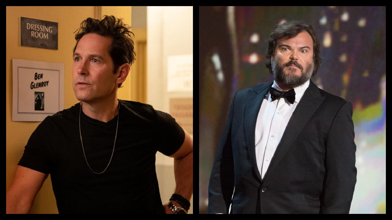 (Left) Paul Rudd as Ben in Season 3 of 'Only Murders in the Building.' Photo by: Patrick Harbron/Hulu. (Right) Actor Jack Black performs on the live ABC telecast of the 87th Academy Awards® at the Dolby® Theatre in Hollywood, California on Sunday, February 22, 2015. Photo: Michael Yada / ©AMPAS