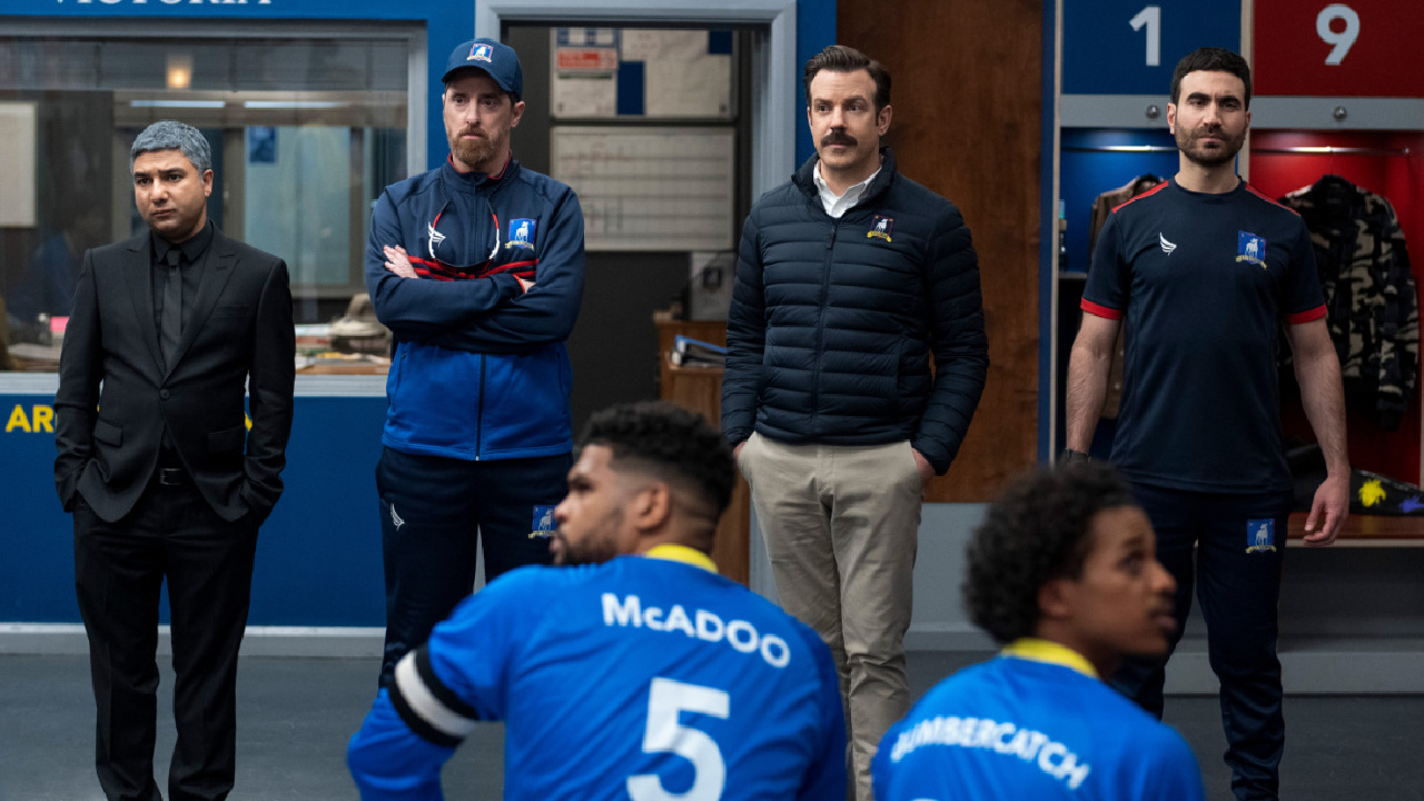 (L to R) Nick Mohammed, Brendan Hunt, Jason Sudeikis and Brett Goldstein in 'Ted Lasso' season two, now streaming on Apple TV+.