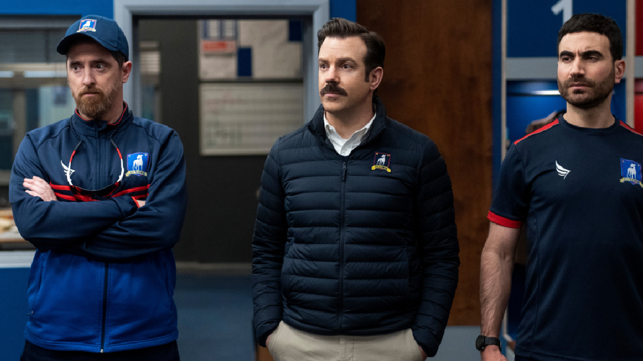 (L to R) Brendan Hunt, Jason Sudeikis and Brett Goldstein in 'Ted Lasso' season 2, now streaming on Apple TV+.