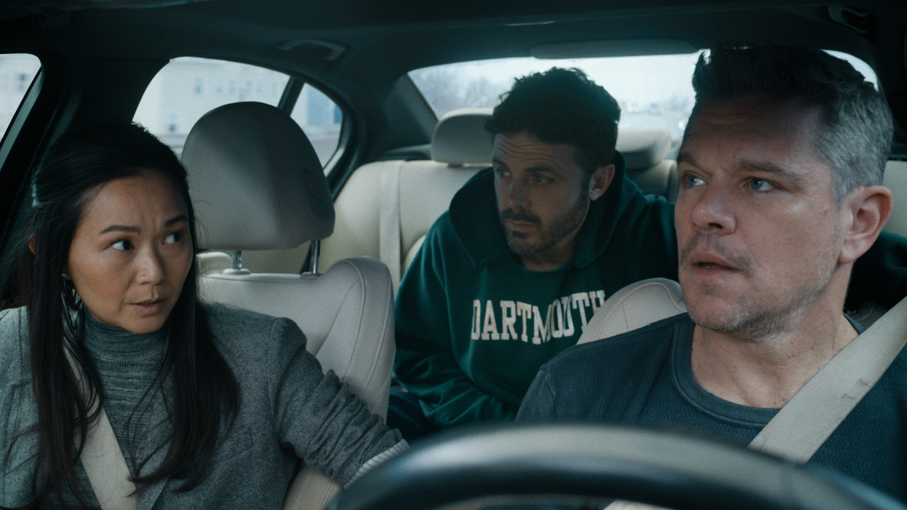 Hong Chau, Casey Affleck and Matt Damon in 'The Instigators'.