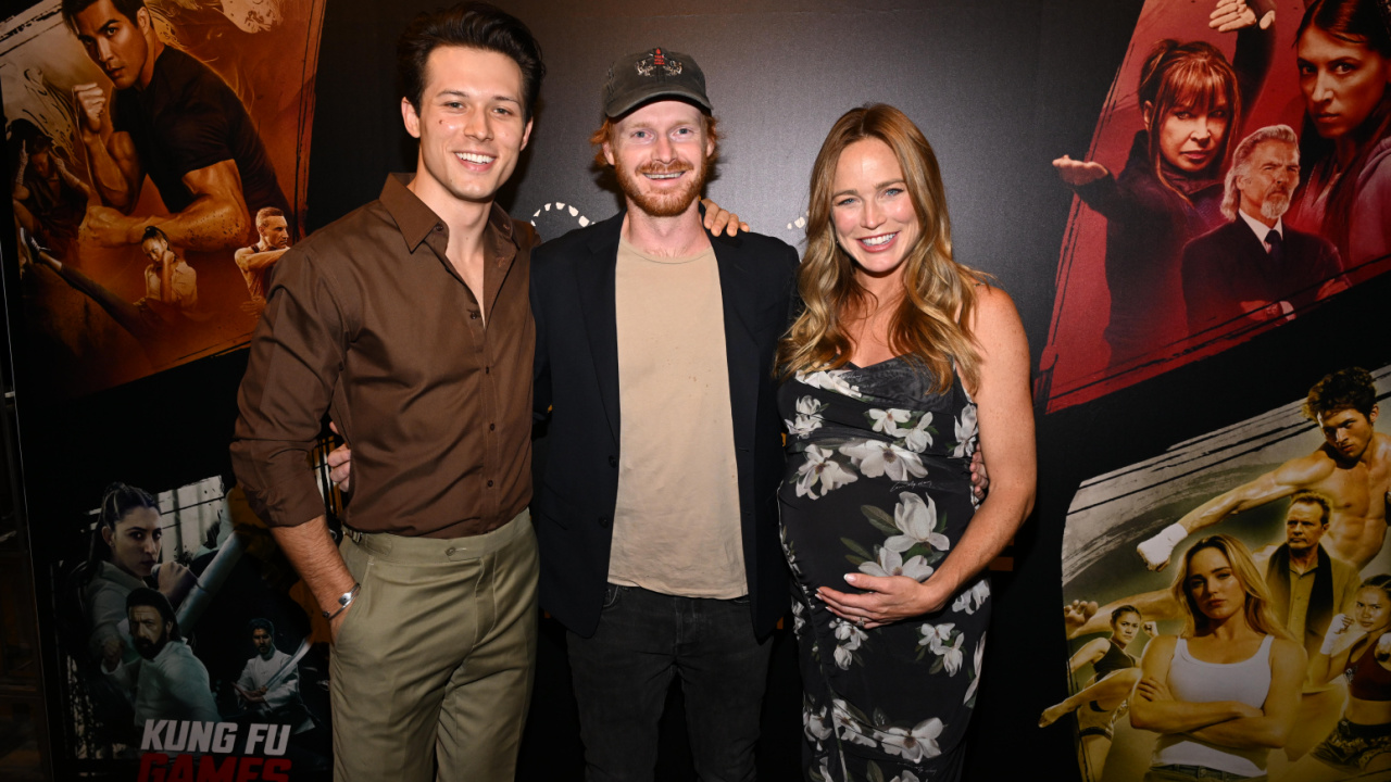 (L to R) Leo Howard, director Ryan C. Jaeger and Caity Lotz at the premiere of 'The Lockdown'. Photo: Paramount Home Entertainment and Tiger Style Media.