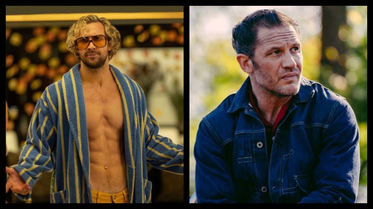 (Left) Aaron Taylor-Johnson in 'The Fall Guy,' directed by David Leitch. (Right) Tom Hardy stars as Johnny in director Jeff Nichols' 'The Bikeriders,' a Focus Features release. Credit: Kyle Kaplan/Focus Features. © 2024 Focus Features, LLC. All Rights Reserved.