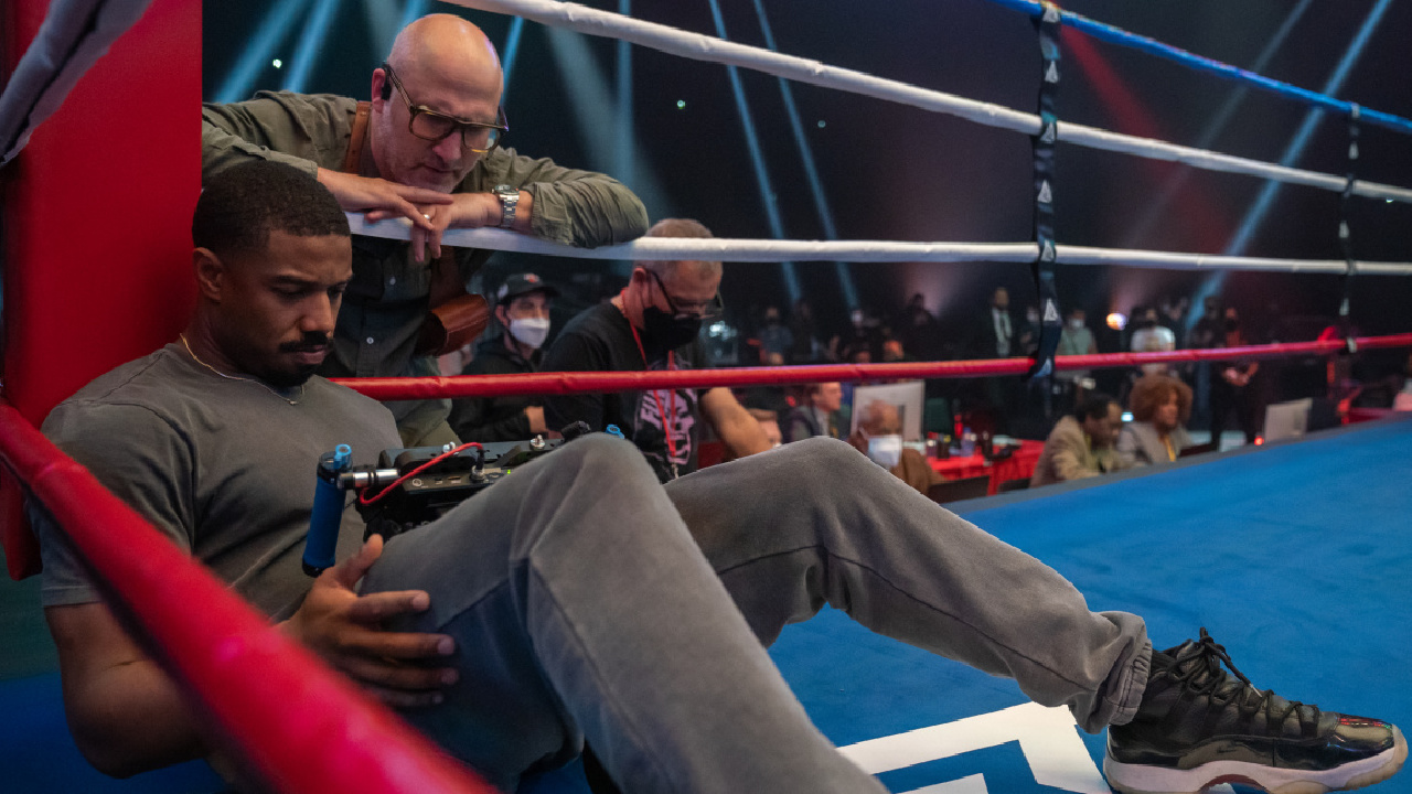 (L to R) Director Michael B. Jordan and cinematographer Kramer Morgenthau on the set of their film 'Creed III,' A Metro Goldwyn Mayer Pictures film. Photo credit: Eli Ade. © 2023 Metro-Goldwyn-Mayer Pictures Inc. All Rights Reserved