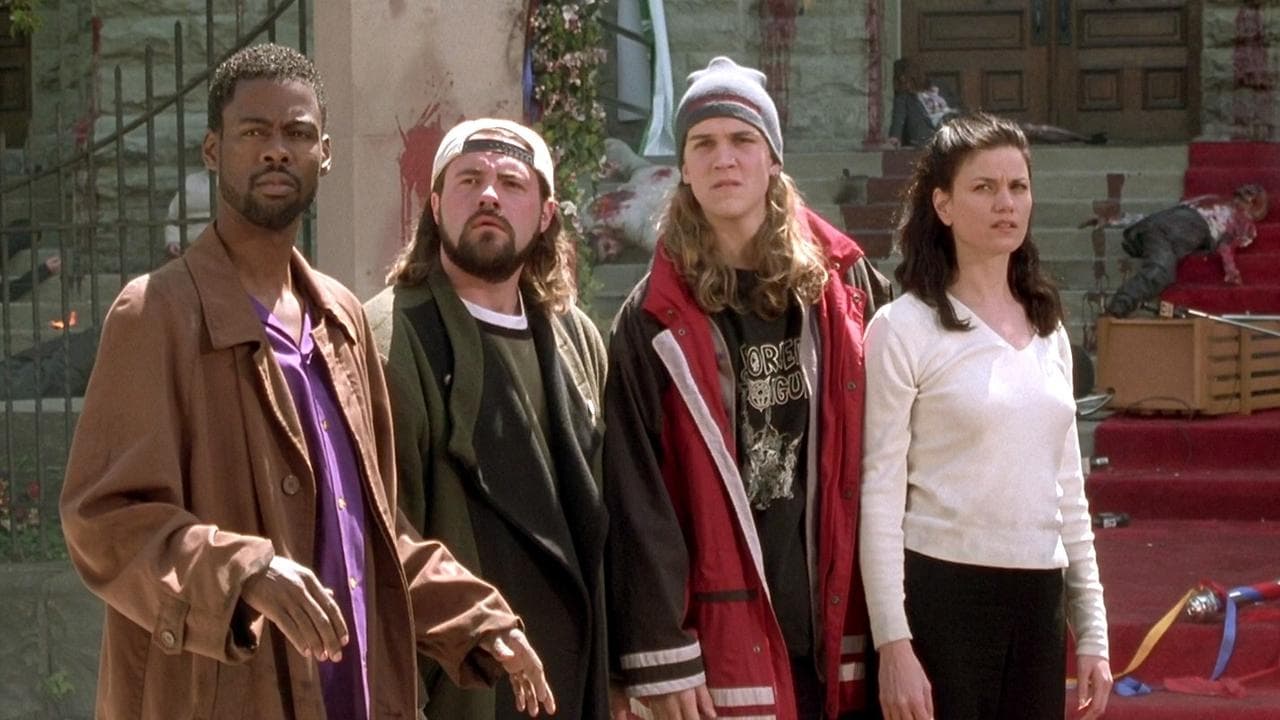 (L to R) Chris Rock, Kevin Smith, Jason Mewes and Linda Fiorentino in 'Dogma'. Photo: Lionsgate Films.