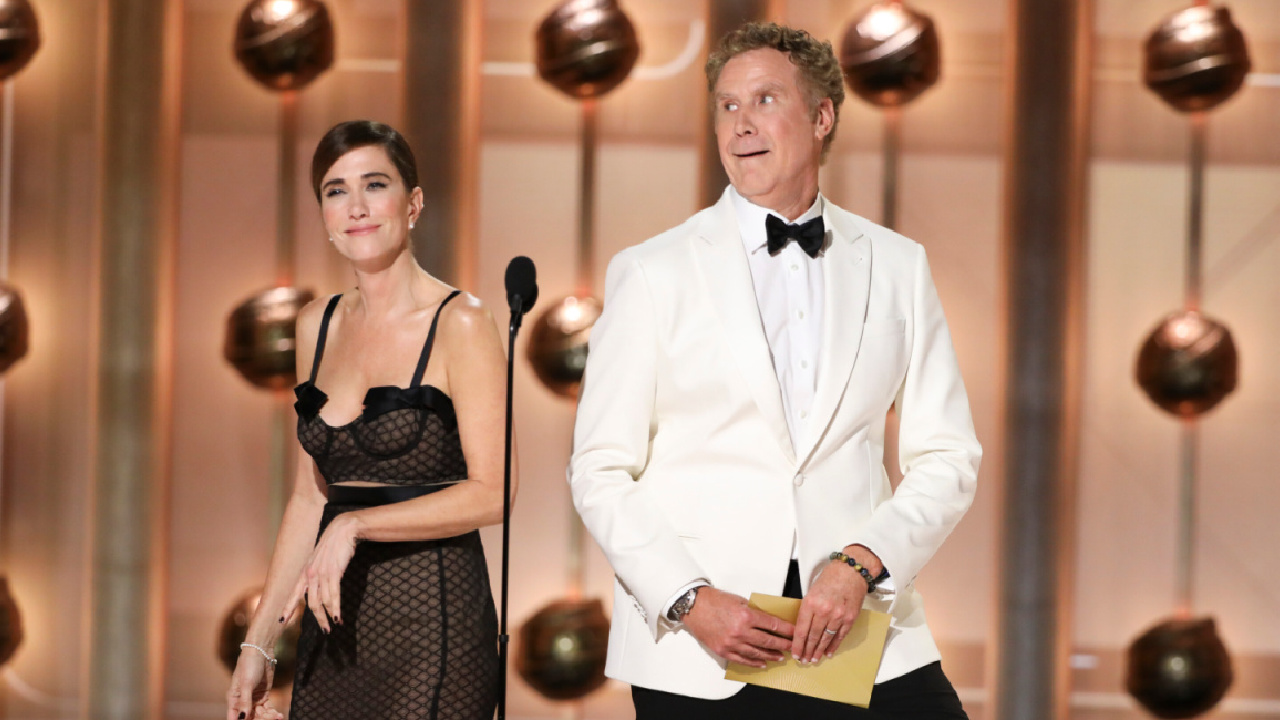 (L to R) Kristen Wiig and Will Ferrell at the 81st Annual Golden Globe Awards, airing live from the Beverly Hilton in Beverly Hills, California on Sunday, January 7, 2024, at 8 PM ET/5 PM PT, on CBS and streaming on Paramount+. Photo: Sonja Flemming/CBS ©2024 CBS Broadcasting, Inc. All Rights Reserved.