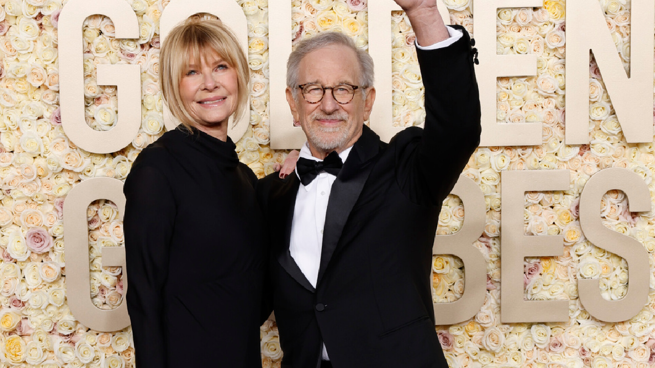 (L to R) Kate Capshaw and Steven Spielberg arrive on the red carpet at the 81st Annual Golden Globe Awards, airing live from the Beverly Hilton in Beverly Hills, California on Sunday, January 7, 2024, at 8 PM ET/5 PM PT, on CBS and streaming on Paramount+. Photo: Trae Patton/CBS ©2024 CBS Broadcasting, Inc. All Rights Reserved.