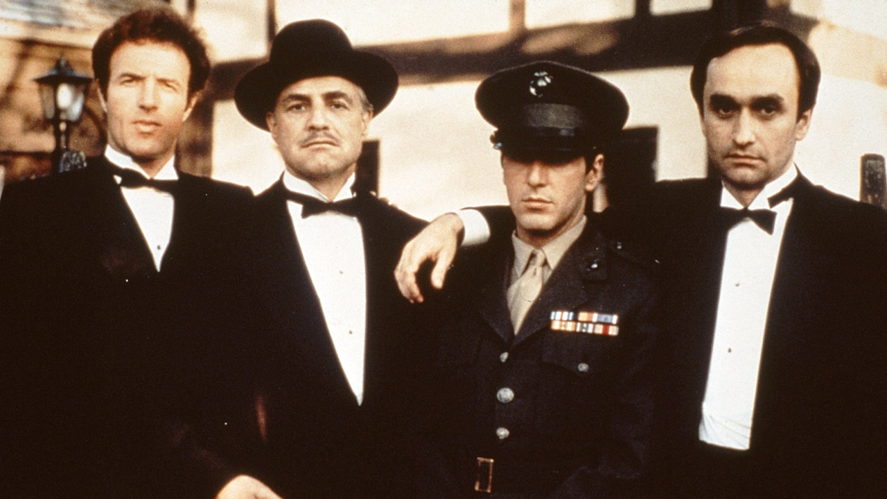 (L to R) James Caan, Marlon Brando, Al Pacino and John Cazale in 'The Godfather'. Photo: Paramount Pictures.