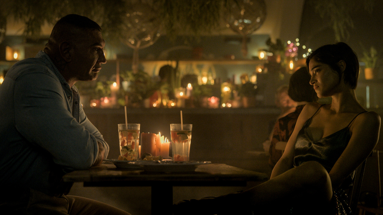 (L to R) Dave Bautista and Sofia Boutella in 'The Killer's Game'. Photo: Lionsgate.