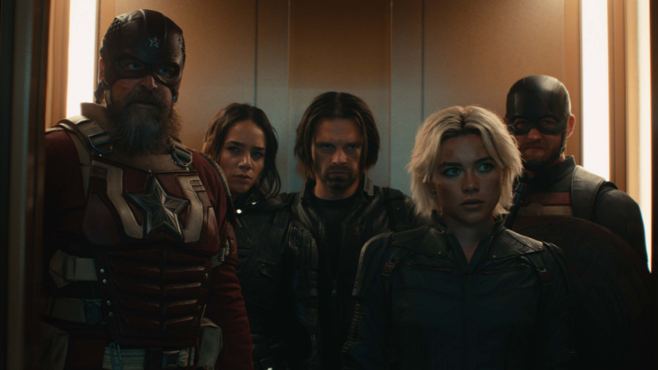 (L to R) Alexei Shostakov/Red Guardian (David Harbour), Ghost (Hannah John-Kamen), Bucky Barnes (Sebastian Stan), Yelena Belova (Florence Pugh), and John Walker (Wyatt Russell) in Marvel Studios' 'Thunderbolts*'. Photo courtesy of Marvel Studios. © 2024 Marvel.