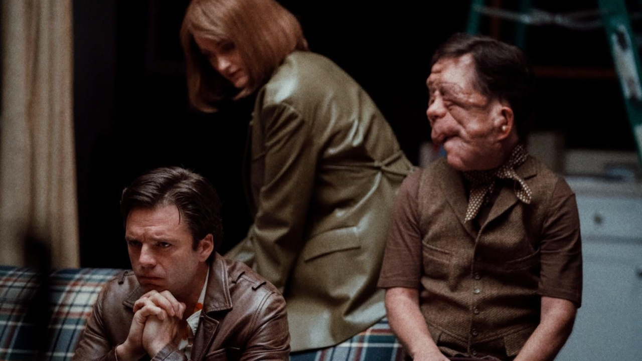 (L to R) Sebastian Stan, Renate Reinsve and Adam Pearson in 'A Different Man'. Photo: A24.