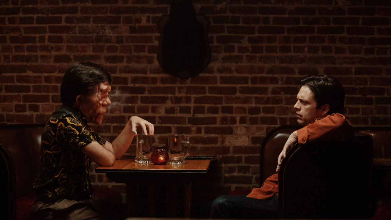 (L to R) Adam Pearson and Sebastian Stan in 'A Different Man'. Photo: A24.