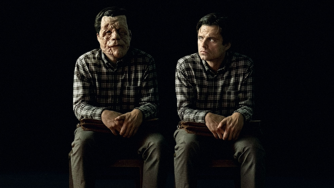 (L to R) Adam Pearson and Sebastian Stan in 'A Different Man'. Photo: A24.