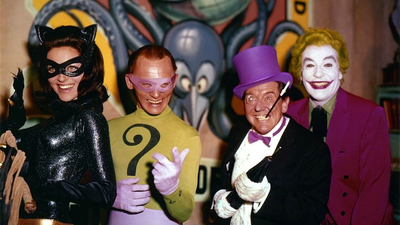 (L to R) Lee Meriwether as The Catwoman, Frank Gorshin as The Riddler, Burgess Meredith as The Penguin and Cesar Romero as the Joker in the 1966 movie 'Batman'. Photo: 20th Century-Fox.