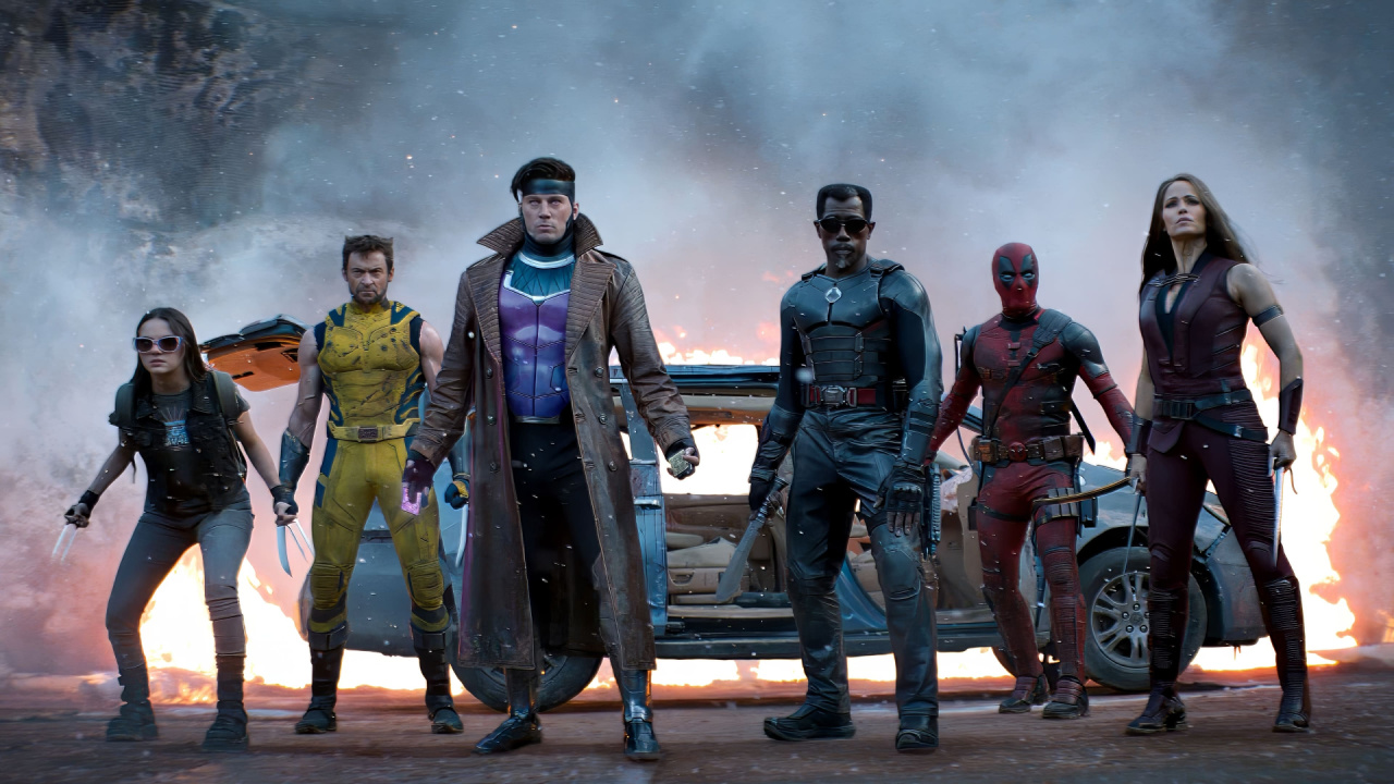 (L to R) Dafne Keen, Hugh Jackman, Channing Tatum, Wesley Snipes, Ryan Reynolds and Jennifer Garner in 'Deadpool & Wolverine'. Photo: Marvel Studios.