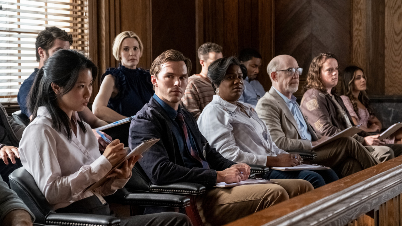 (L to R) Nicholas Hoult as Justin Kemp, Leslie Bibb as Denice, Adrienne C. Moore as Yolanda and J.K. Simmons as Harold in Warner Bros. Pictures’ 'Juror #2,' a Warner Bros. Pictures release. Photo Credit: Claire Folger. Copyright: © 2024 Warner Bros. Entertainment Inc. All Rights Reserved.