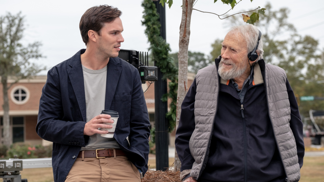 (L to R) Nicholas Hoult and director Clint Eastwood on the set of Warner Bros. Pictures’ 'Juror #2,' a Warner Bros. Pictures release. Photo Credit: Claire Folger. Copyright: © 2024 Warner Bros. Entertainment Inc. All Rights Reserved.