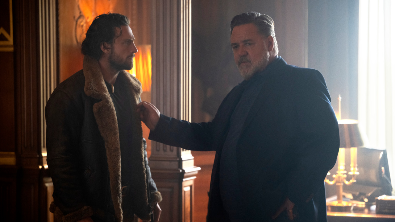 (L to R) Aaron Taylor Johnson and Russell Crowe in Columbia Pictures and Marvel 'Kraven the Hunter'. Photo: Sony Pictures.