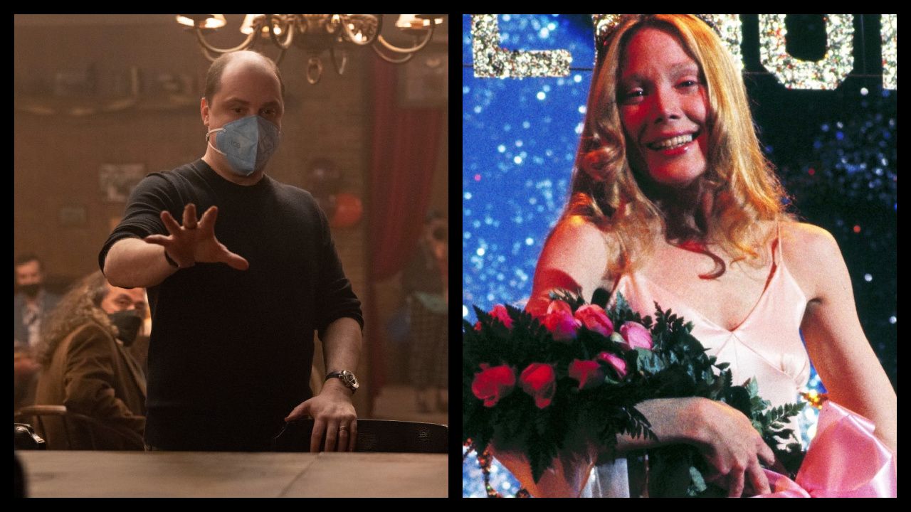 (Left) Executive Producer/Director Mike Flanagan on the set of 'The Fall of the House of Usher.' Photo: Eike Schroter/Netflix © 2023. (Right) Sissy Spacek in 'Carrie'. Photo: United Artists.