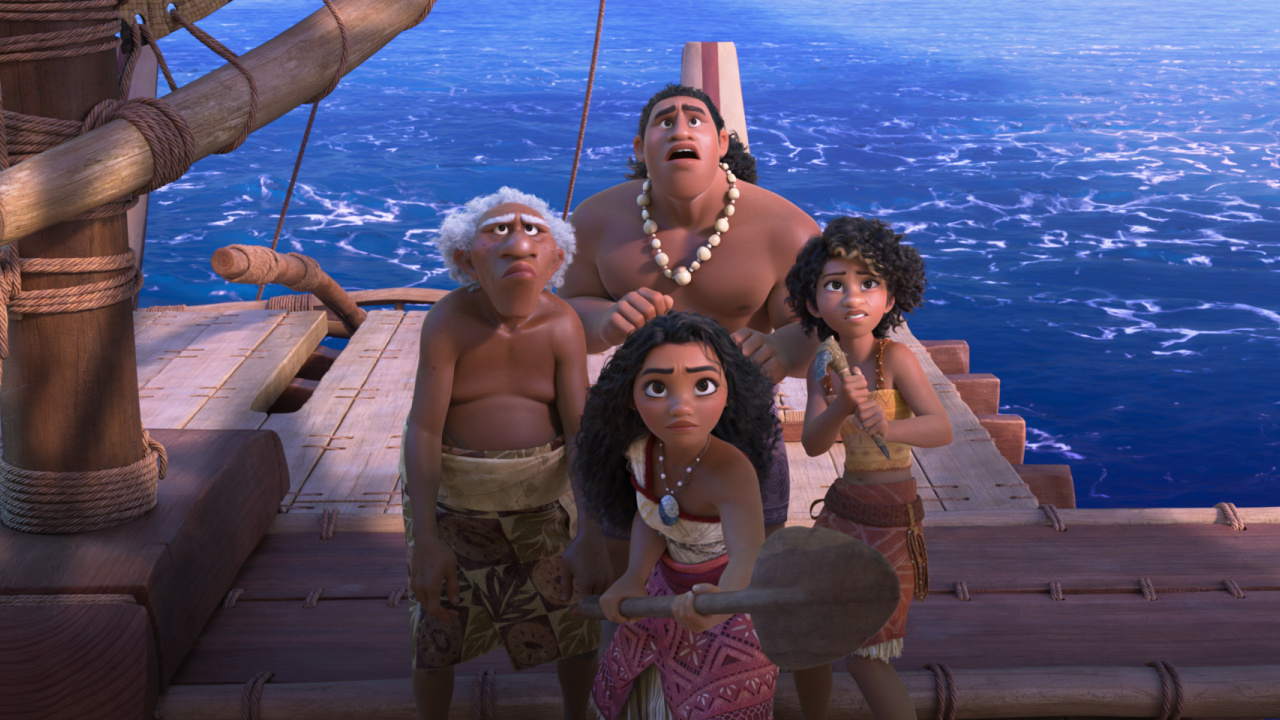 (L to R) Moana (voice of Auli‘i Cravalho), Kele (voice of David Fane), Moni (voice of Hualālai Chung) and Loto (voice of Rose Matafeo) in 'Moana 2'. © 2024 Disney Enterprises, Inc. All Rights Reserved.