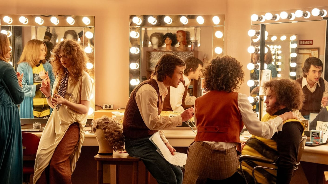 (L to R) Kim Matula as Jane Curtin, Emily Fairn as Laraine Newman, Gabriel LaBelle as Lorne Michaels, Rachel Sennott as Rosie Shuster, and Matt Wood as John Belushi in 'Saturday Night'. Photo: Sony Pictures.